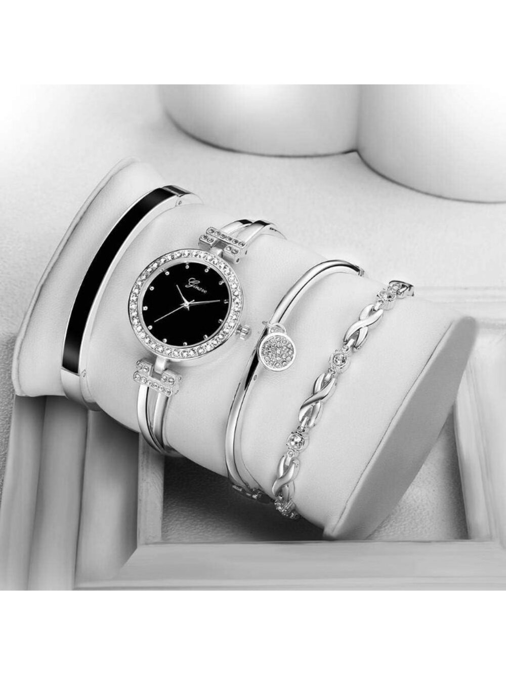Women's Silver Stylish Four-Piece Bangle Fashionable Analog Quartz Wrist Watch - Picture 3 of 7